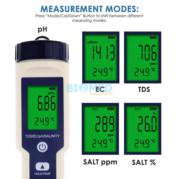 Medidor de pH / conductividad / TDS / Salinidad / Temperatura - 5 en 1