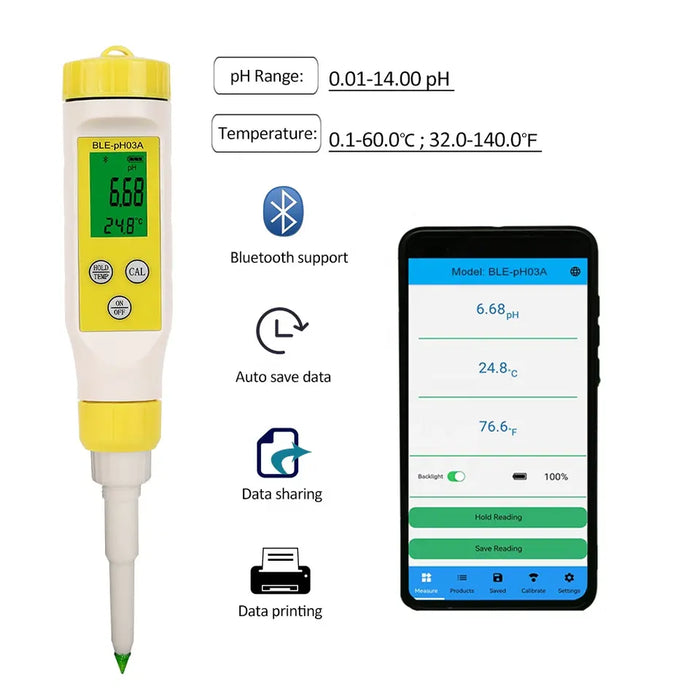 Medidor de pH / temperatura portátil para alimentos, Android App